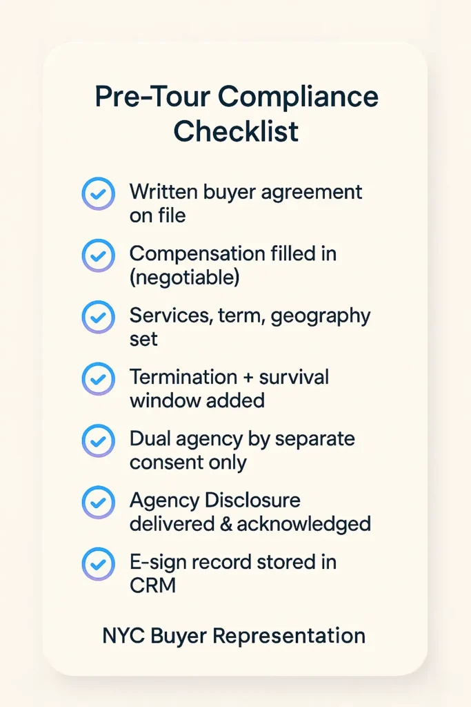 NYC buyer agreement compliance checklist showing seven pre-tour requirements with checkmarks.