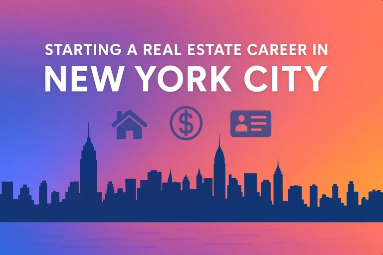 Illustrated NYC skyline with headline “Starting a Real Estate Career in New York City” and icons for house, dollar sign, and real estate license representing startup costs