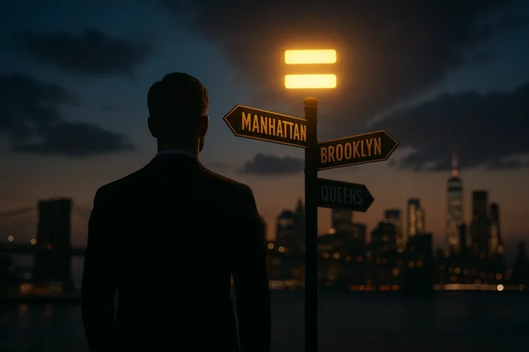 Silhouette of a real-estate agent at a street-sign post pointing to Manhattan, Brooklyn and Queens with a glowing equal sign above against the NYC skyline at sunset.