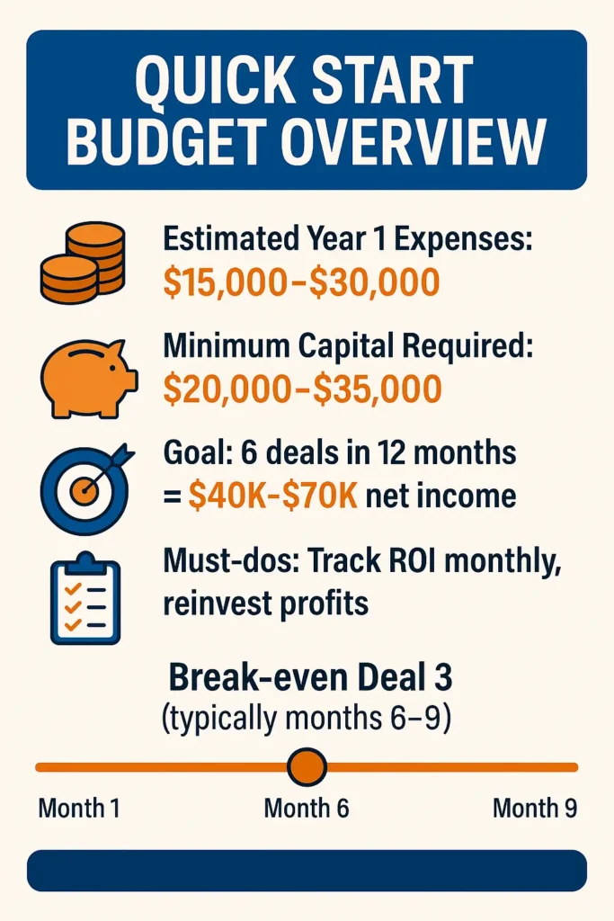 Infographic summarizing NYC agent Year-1 budget: expenses $15-30K, capital $20-35K, 6-deal goal, break-even by month 6-9.