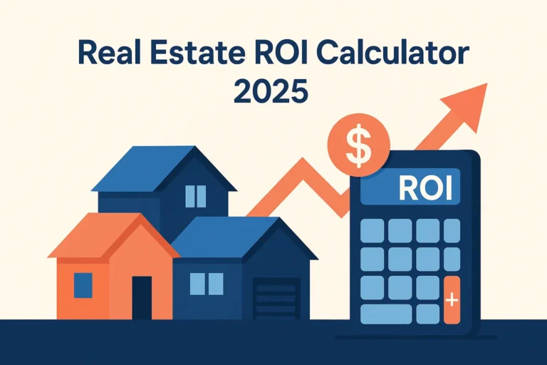Real estate lead generation ROI calculator illustration with houses, dollar sign, and upward arrow (2025 guide)