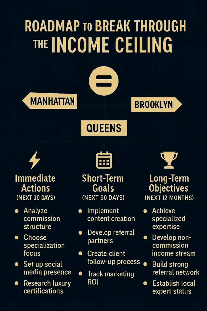 "Infographic showing a real estate income breakthrough roadmap with steps for Manhattan, Brooklyn, and Queens agents, including immediate actions, short-term goals, and long-term objectives."

