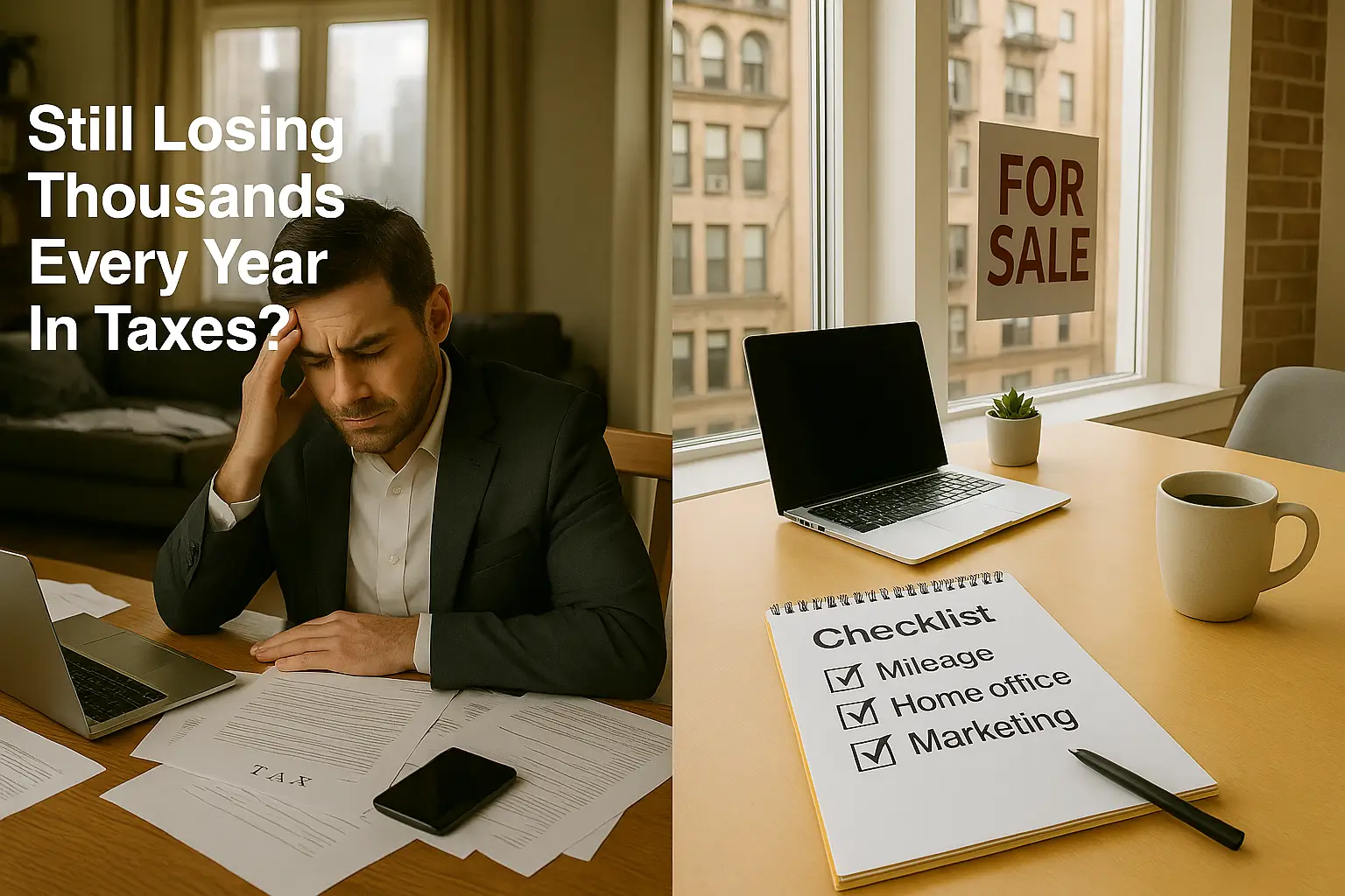 The NYC Real Estate Agent's Complete Tax Strategy Guide: Maximize Your Deductions in 2025 1 "Frustrated real estate agent reviewing tax documents while checklist highlights missed deductions like mileage and home office"