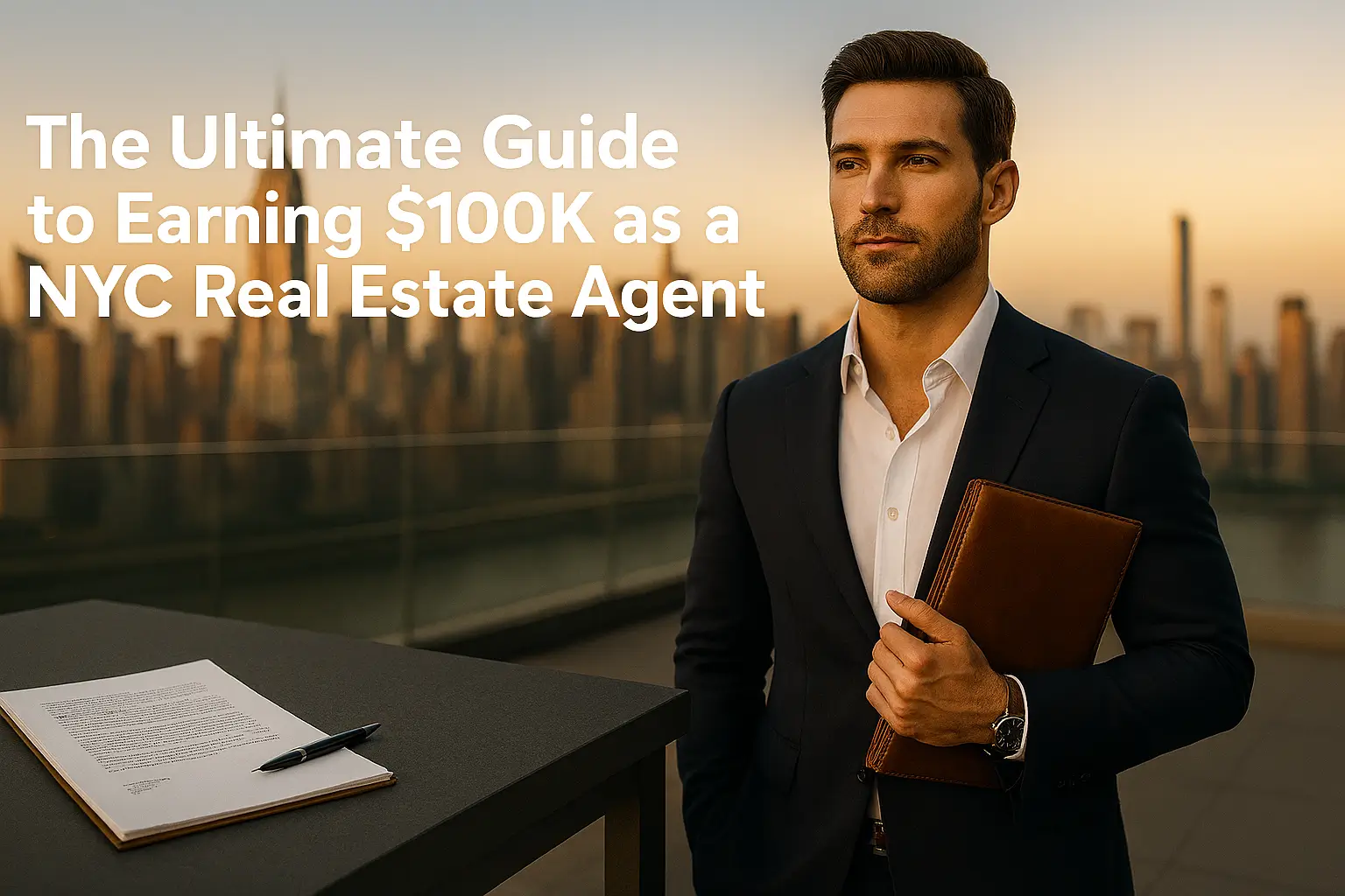 The Ultimate Guide to Earning $100K as a NYC Real Estate Agent: What Nobody Tells You About Commission Splits and Deal Flow 1 Confident young real estate agent in a navy suit holding a leather portfolio on a rooftop at sunset with the New York City skyline in the background and a signed contract on a nearby table