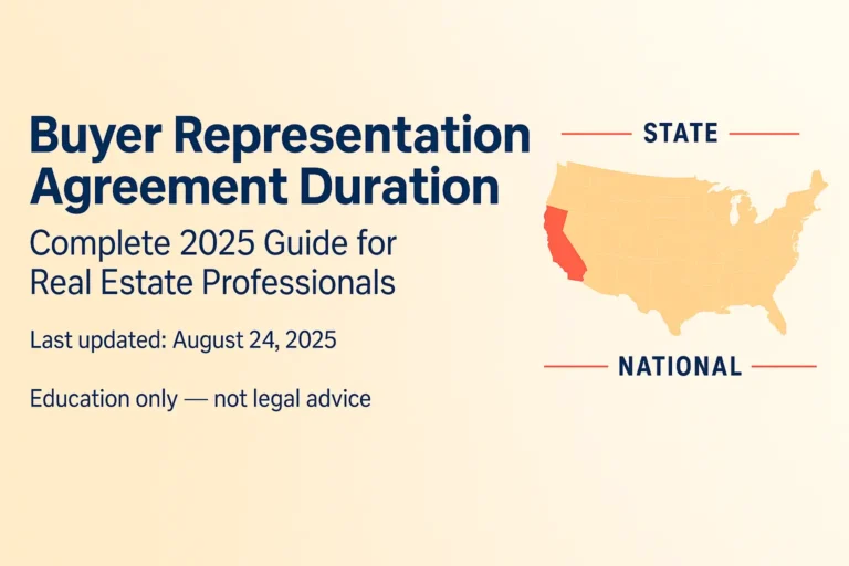 2025 guide header on buyer representation agreement duration with U.S. map highlighting California and “State vs National