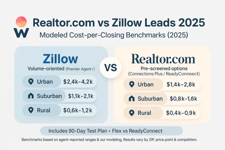 Realtor.com vs Zillow leads 2025 comparison with modeled cost per closing for urban, suburban, and rural markets, including Flex and ReadyConnect context