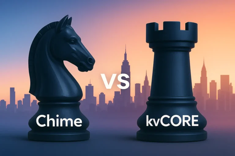 Chime vs kvCORE: The Ultimate 2025 Platform Comparison for Real Estate Success 10 Illustration of a dark navy chess knight labeled “Chime” facing a navy rook labeled “kvCORE” against a sunrise city skyline, symbolizing a strategic real-estate CRM showdown.