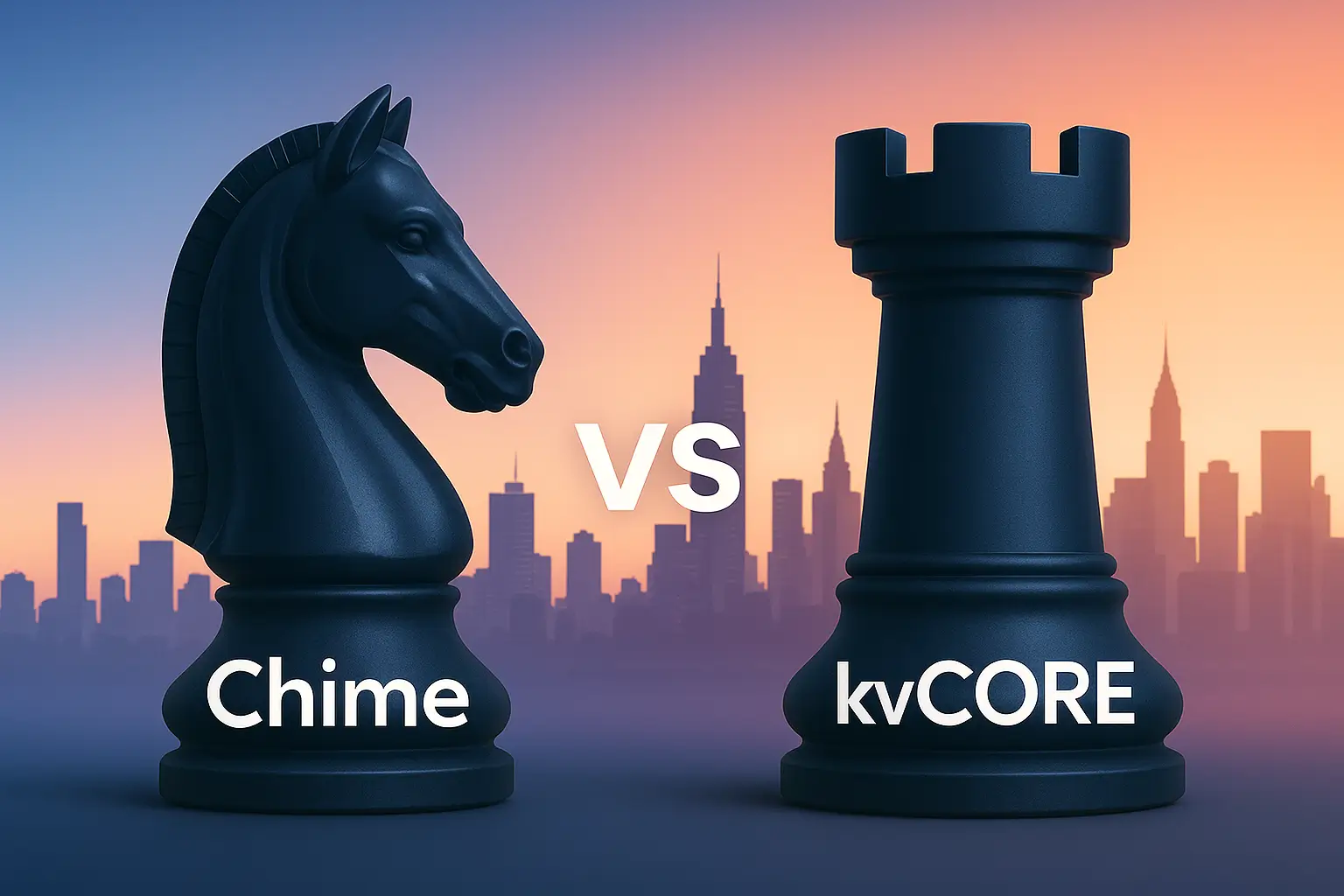 Chime vs kvCORE: The Ultimate 2025 Platform Comparison for Real Estate Success 1 Illustration of a dark navy chess knight labeled “Chime” facing a navy rook labeled “kvCORE” against a sunrise city skyline, symbolizing a strategic real-estate CRM showdown.