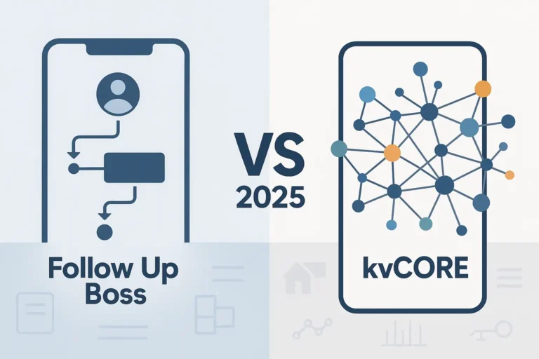 Follow Up Boss vs kvCORE (2025): The Complete Platform Comparison for Real Estate Professionals 10 Split-screen comparison graphic of Follow Up Boss vs kvCORE CRM dashboards in 2025, showing simple workflow vs complex features.