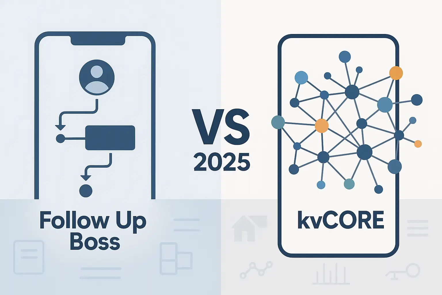 Follow Up Boss vs kvCORE (2025): The Complete Platform Comparison for Real Estate Professionals 1 Split-screen comparison graphic of Follow Up Boss vs kvCORE CRM dashboards in 2025, showing simple workflow vs complex features.
