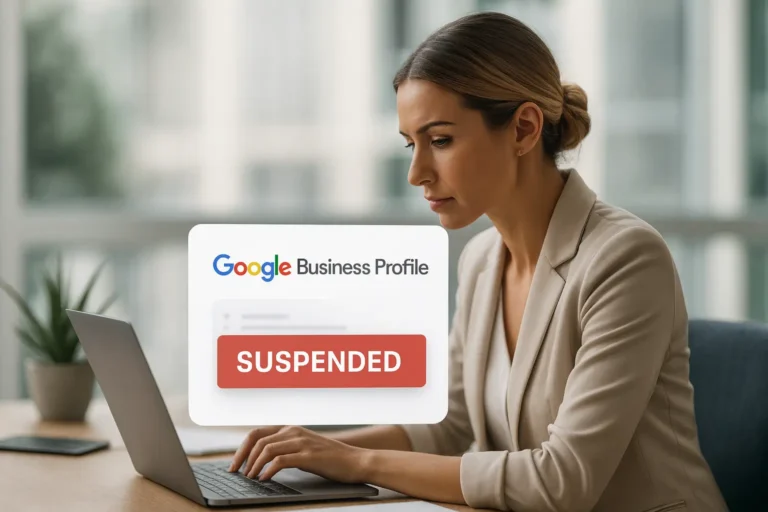 The Complete Guide to Google Business Profile Suspension Recovery for Real Estate Professionals (2025) 4 Real estate agent at laptop with Google Business Profile suspended notice, 2025 recovery and appeal guide.