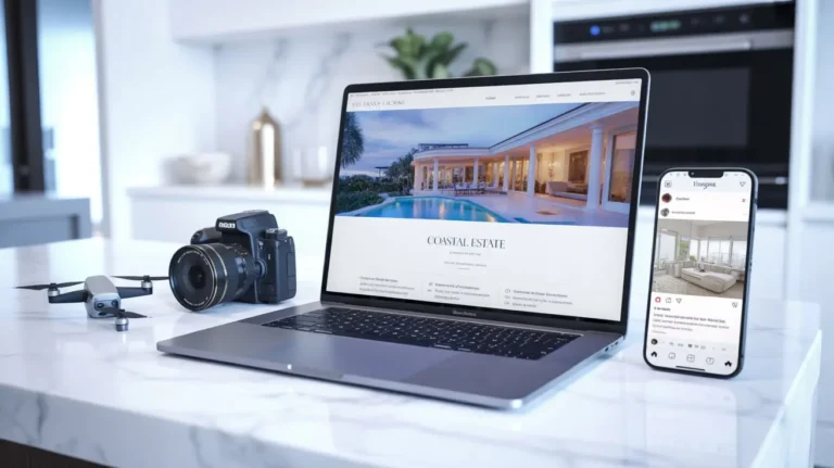 The Complete Guide to Luxury Property Marketing: Strategies That Drive Results 4 Laptop with luxury home website, drone, DSLR camera, and phone with Instagram post on a marble surface