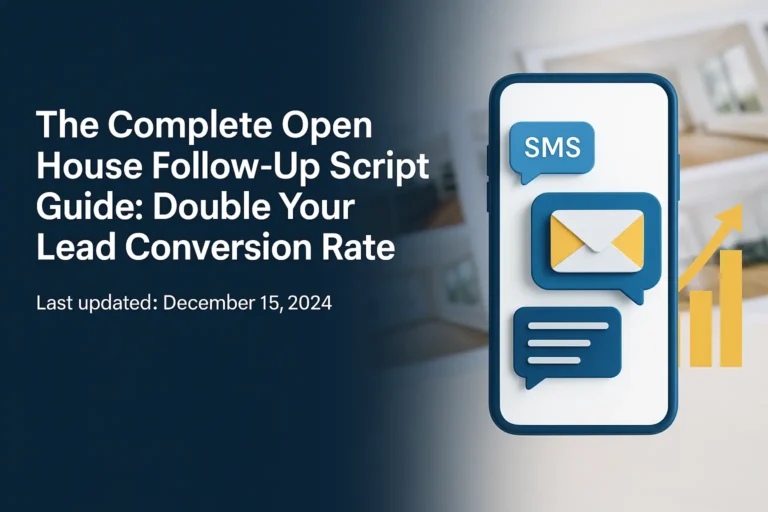 The Complete Open House Follow-Up Script Guide: Double Your Lead Conversion Rate 2 “Real estate agent using SMS and email on multiple devices to follow up after open house, with charts showing rising lead conversion rates”
