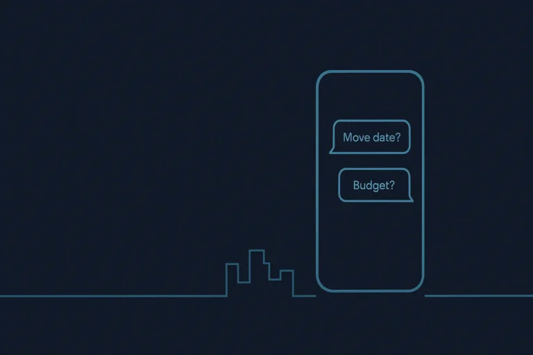 “Minimal header showing a phone with chat bubbles asking Move date and Budget on a dark navy background for rental scripts
