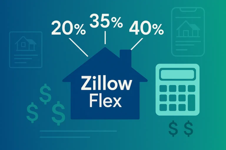 Professional real estate agent reviewing Zillow Flex fee documents with laptop, calculator, and 40% commission figure on screen in a modern office.