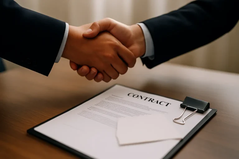Hands review a closing disclosure with keys, pen, calculator, and a check on the table