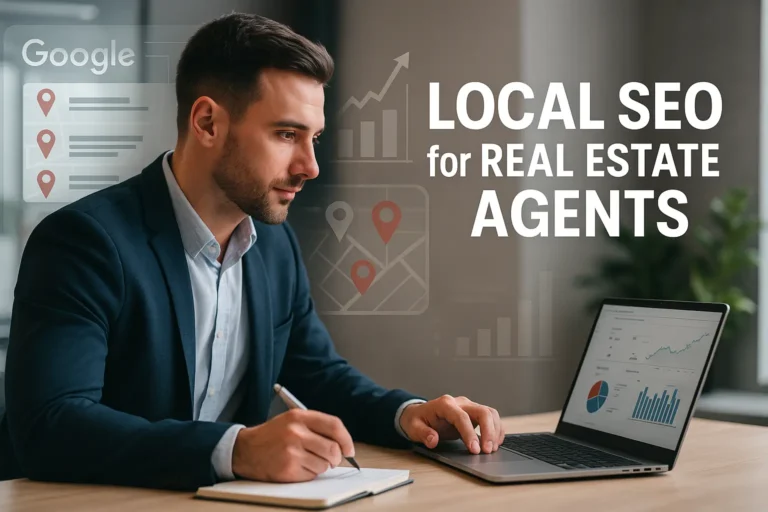 Local SEO for Real Estate Agents: The Complete 2025 Authority Guide 6 Real estate agent optimizing Google local SEO strategy on laptop with analytics dashboard and map pins.
