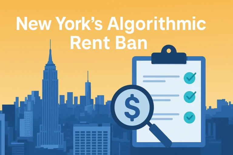 New York's Algorithmic Rent Ban: Complete 2025 Compliance Guide 1 Illustration of New York City skyline with digital network overlay representing the 2025 algorithmic rent ban compliance guide.