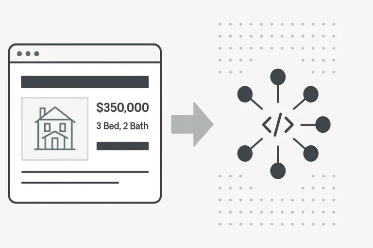 Real Estate Schema Markup: The Complete Guide for Agents and Brokers 1 Minimalist illustration showing real estate listing connected to schema markup code structure