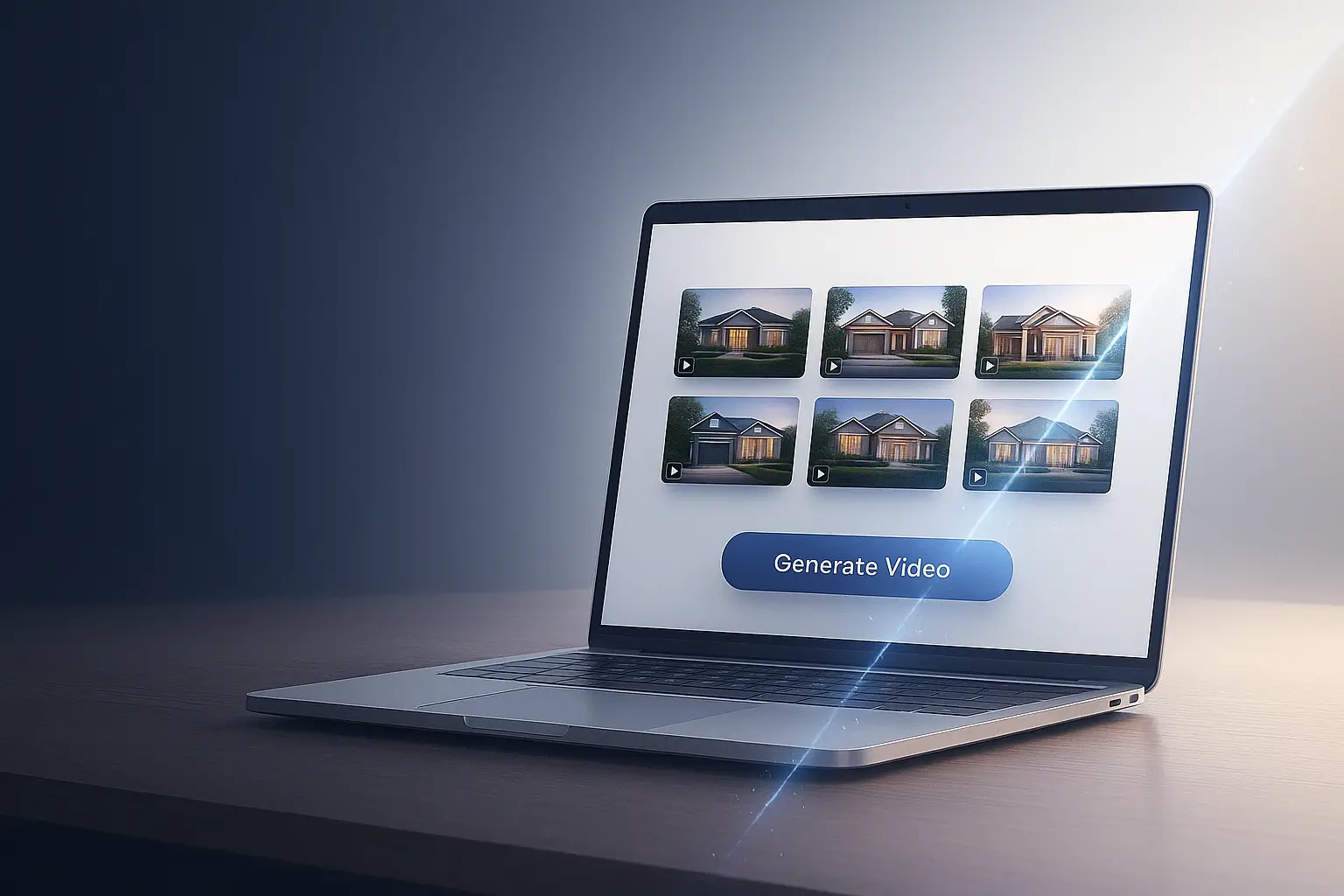 displaying AI video generation interface for real estate listings, showing property thumbnails and a Generate Video button, representing automated video creation for real estate agents.