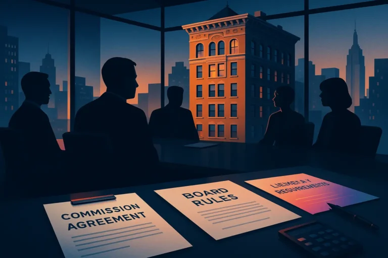 A clean, modern financial dashboard overlayed on a New York City co-op building, illustrating 2025 broker commission rules and co-op board requirements.