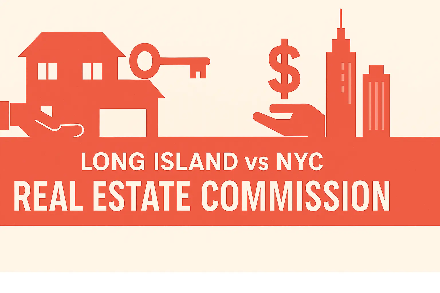 Comparison graphic illustrating Long Island and NYC real estate commission differences, showing a house on one side and city buildings on the other.