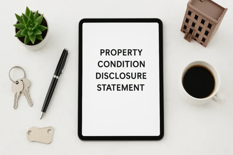 Flat lay image of an iPad displaying the text 'Property Condition Disclosure Statement' on a white marble desk, surrounded by a Mont Blanc pen, house keys, a succulent plant, a cup of coffee, and a miniature New York brownstone model, representing real estate legal review and transparency.