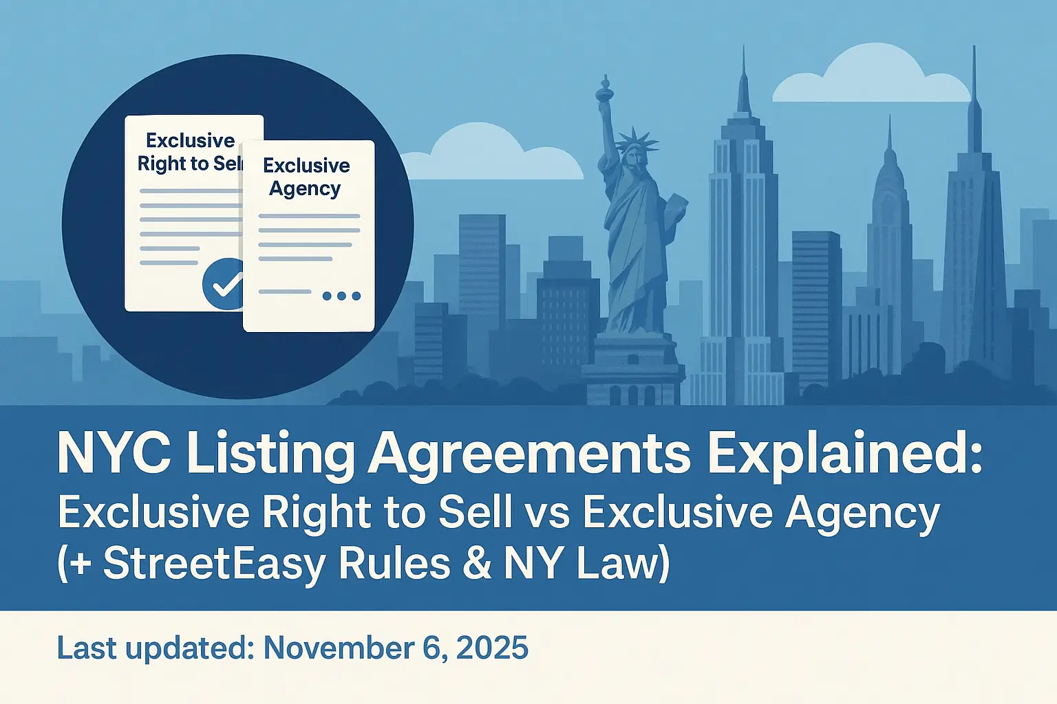 Illustration of NYC skyline with real estate contract icons comparing exclusive right to sell and exclusive agency listing agreements