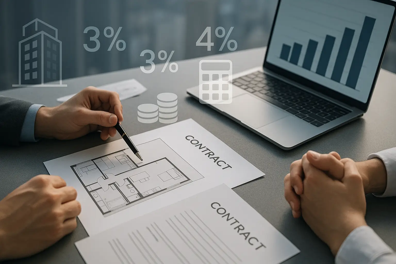 “Top-down view of a real estate negotiation table with a condo floor plan, contract documents, laptop showing bar chart, and subtle overlay icons for 3% and 4% commissions, calculator, and coins, representing NYC new development incentives.”