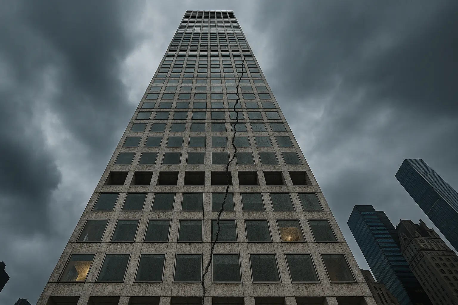 Editorial illustration of a supertall residential skyscraper inspired by 432 Park Avenue, showing facade cracking to represent reported construction defects and legal disputes.