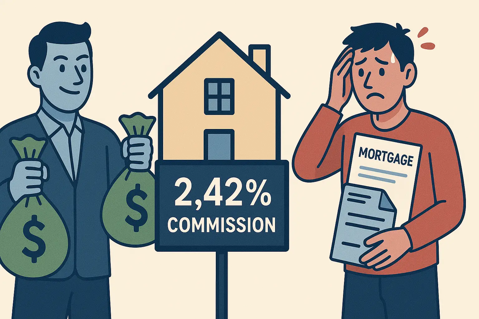 Illustration of two competing homebuyers, a confident cash buyer holding money bags and a stressed financed buyer holding mortgage documents, facing a house with a 2.42% commission sign in the center.