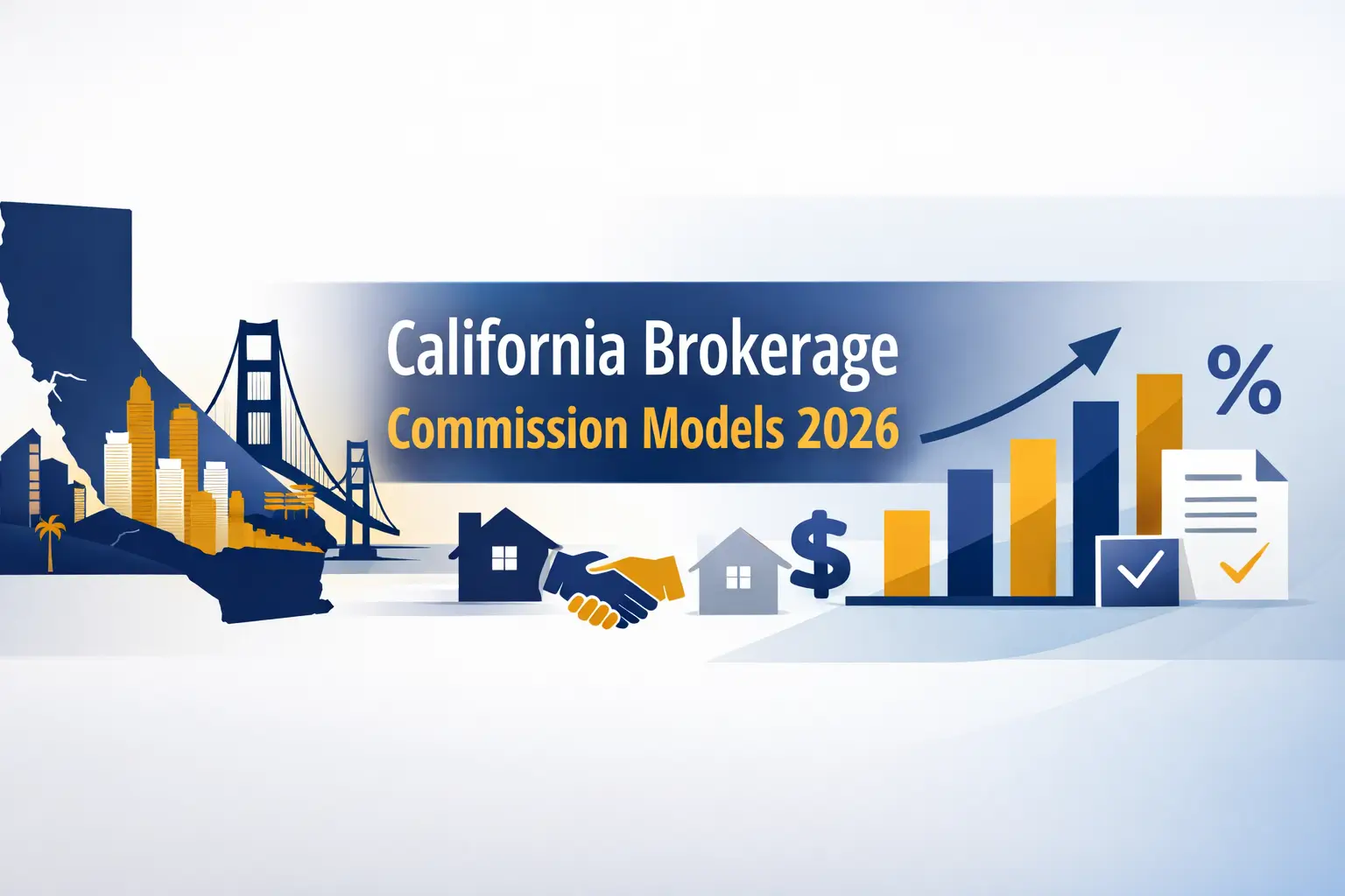 California brokerage commission models 2026 showing state outline, skyline, and rising financial charts representing real estate commissions