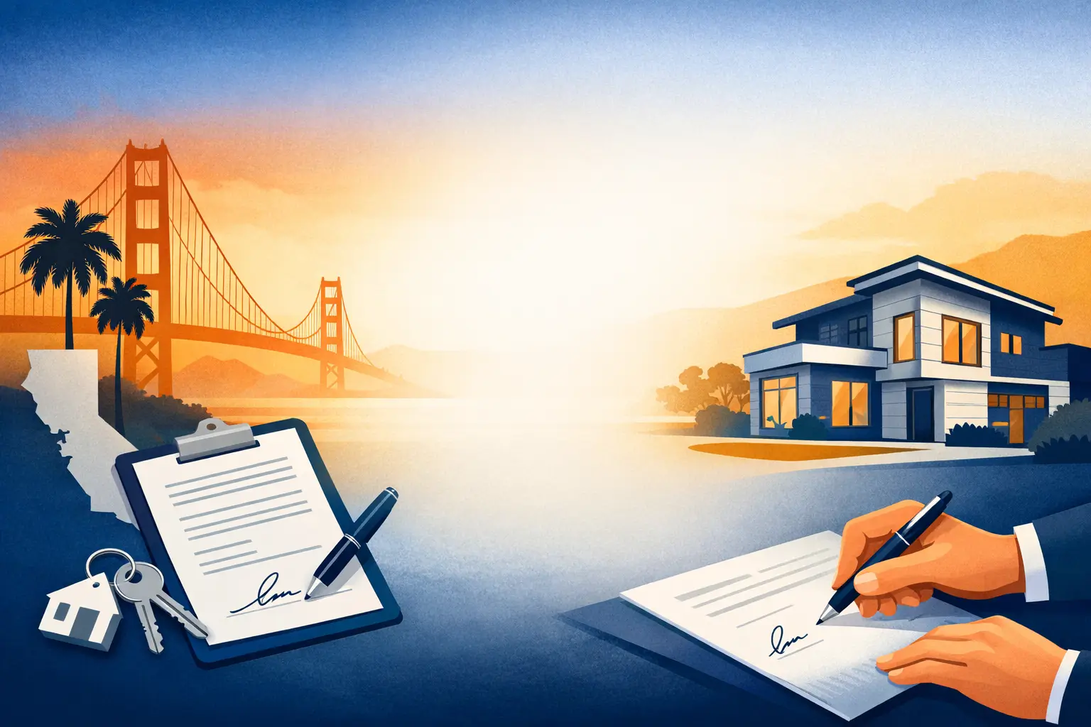 Abstract illustration representing a California buyer agency agreement with contract documents, signature, and California state outline.
