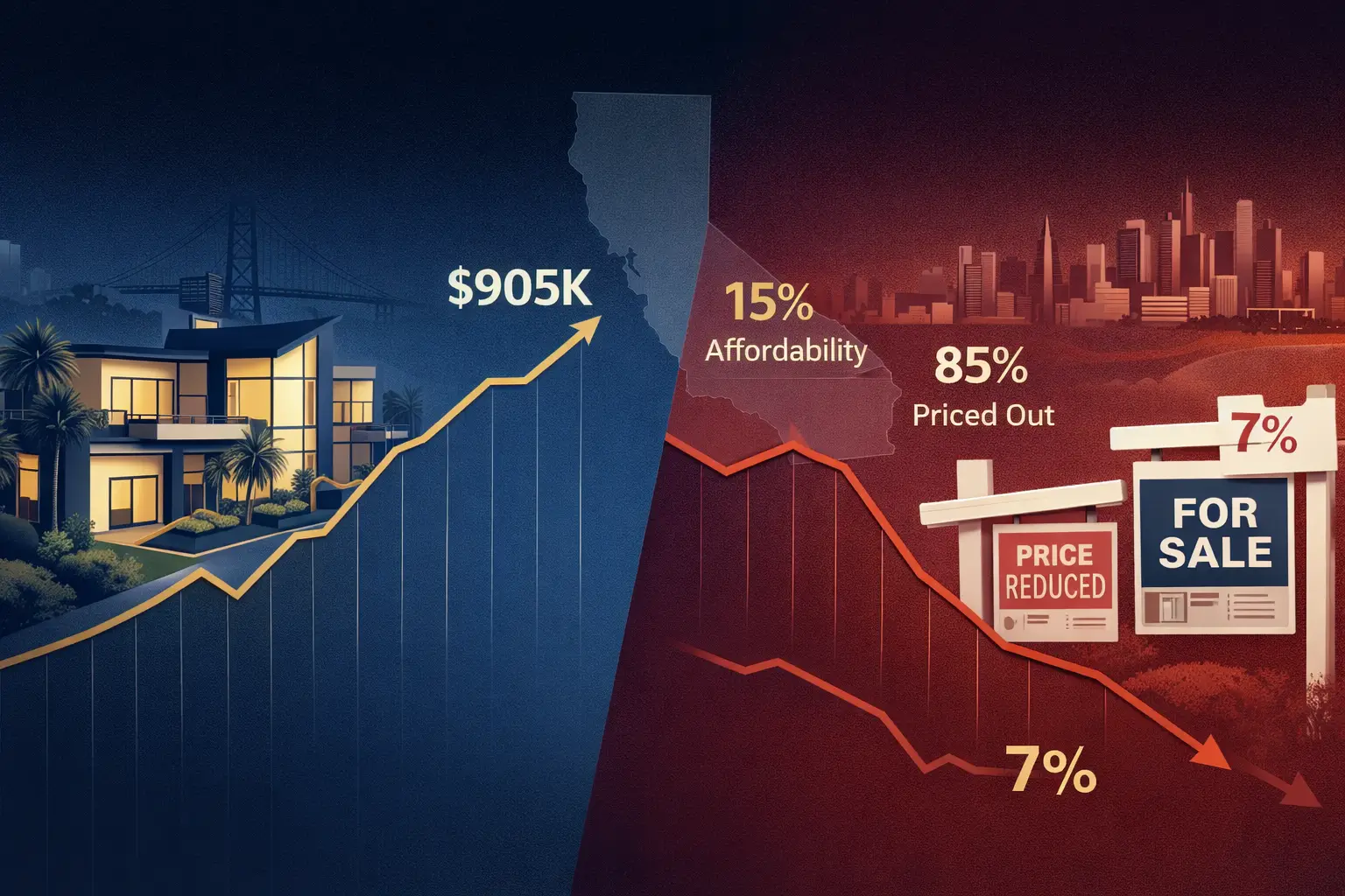 Split illustration showing rising California home prices and declining housing demand in 2025, highlighting affordability constraints and buyer slowdown.