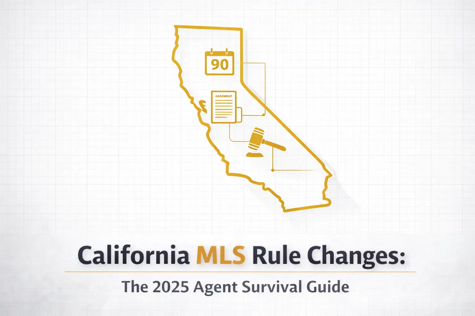 Blueprint-style graphic showing California MLS rule changes with a gold outline of California, a 90-day buyer agreement calendar, legal gavel, and compliance document icons