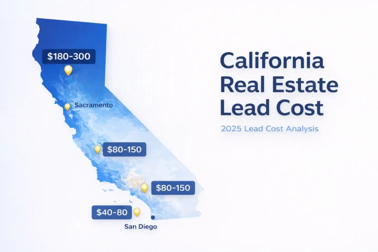 “California map showing real estate lead cost zones in 2025, with higher costs in San Francisco and Los Angeles and lower costs in inland and rural markets.”