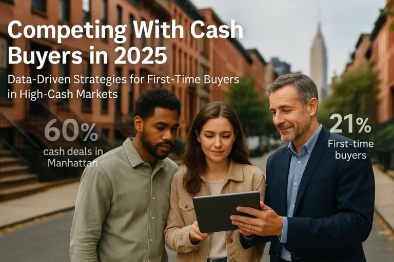 A real estate agent reviews housing market strategy with a young first-time homebuyer couple on a Brooklyn brownstone street, highlighting data about 60% cash deals in Manhattan and 21% first-time buyers in 2025.