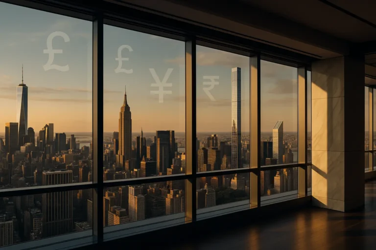 Panoramic golden hour view of Manhattan skyline from a luxury high-rise with floor-to-ceiling windows, featuring One World Trade Center and Central Park Tower, modern glass interior foreground, and subtle translucent international currency symbols.