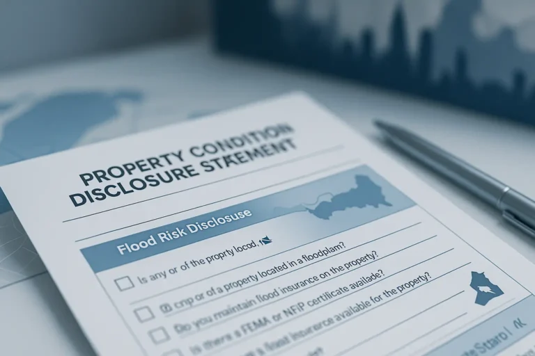 Close-up of a Property Condition Disclosure Statement showing the Flood Risk Disclosure section, checkboxes, and a pen on a desk, representing New York’s updated flood disclosure law requirements.