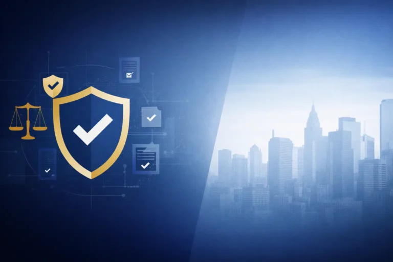 Real estate broker reviewing compliance documents on a desktop computer in a modern office, representing risk management and brokerage compliance in 2025