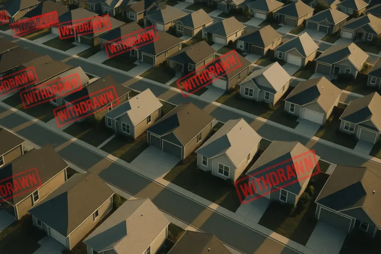 “Minimalist grid of house icons with 3–4 fading or dissolving shapes symbolizing withdrawn listings and off-market homes.”