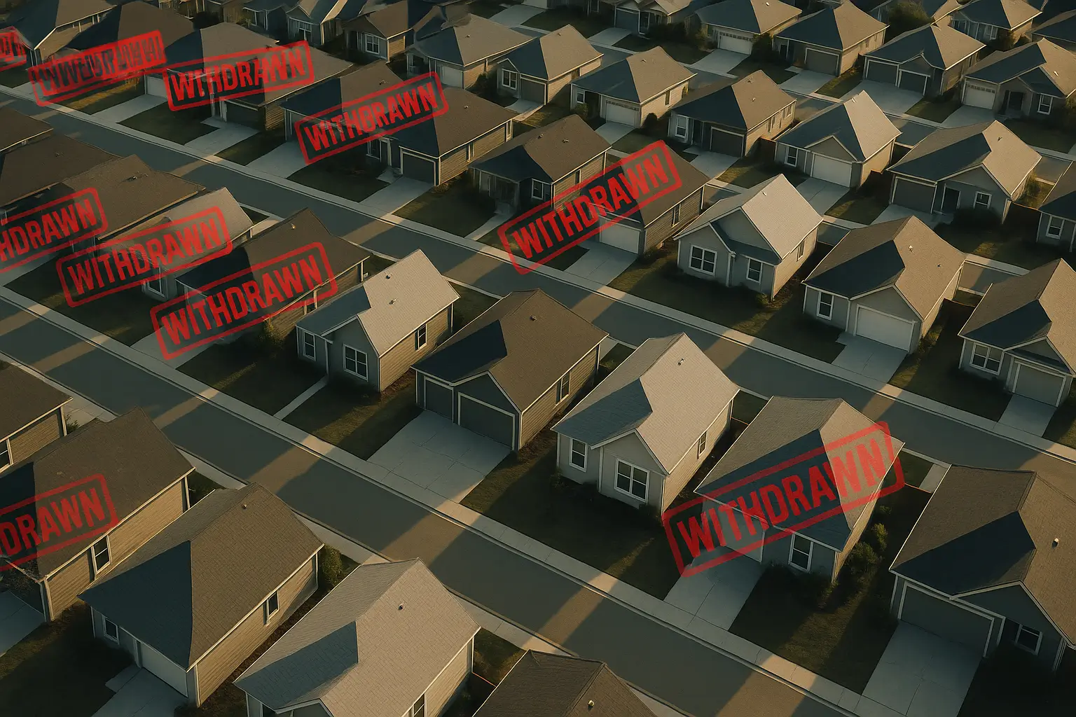 “Minimalist grid of house icons with 3–4 fading or dissolving shapes symbolizing withdrawn listings and off-market homes.”