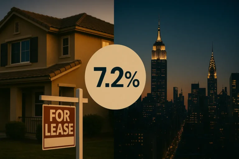 Split-screen hero image showing a warm-toned suburban home with a “For Lease” sign on the left and the New York City skyline at dusk on the right, with a central circular badge displaying 7.2% rental vacancy rate.