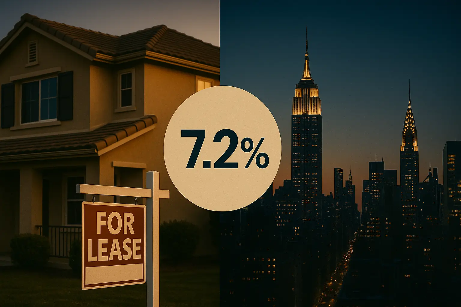 Split-screen hero image showing a warm-toned suburban home with a “For Lease” sign on the left and the New York City skyline at dusk on the right, with a central circular badge displaying 7.2% rental vacancy rate.