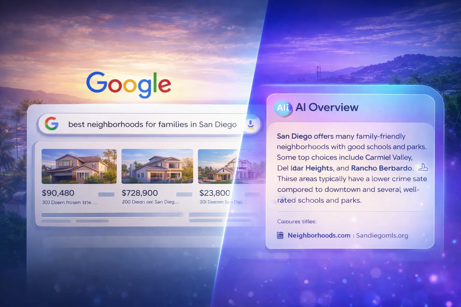Illustration showing Google search results evolving into AI Overviews for California real estate searches