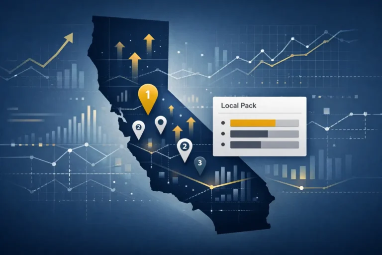 Illustration showing Google local SEO ranking dynamics for California real estate, with Local Pack listings, map pins, and data-driven ranking signals.