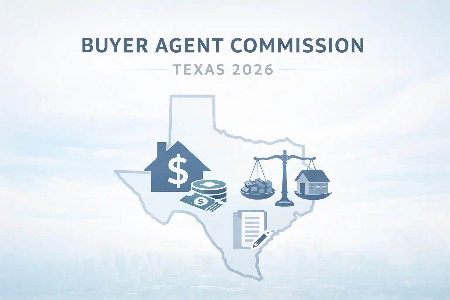 Minimalist Texas outline with house, dollar symbol, balance scale, and contract icons representing buyer agent commission in Texas in 2026