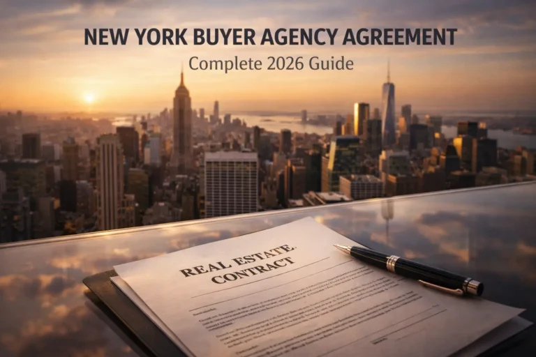 New York Buyer Agency Agreement 2026 guide with Manhattan skyline at golden hour and real estate contract on glass table
