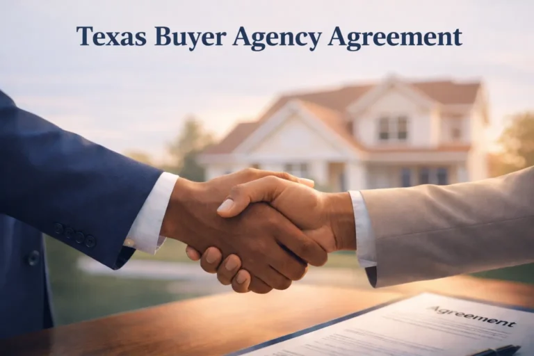 Two professionals shaking hands over a Texas buyer agency agreement with a suburban Texas home in the background