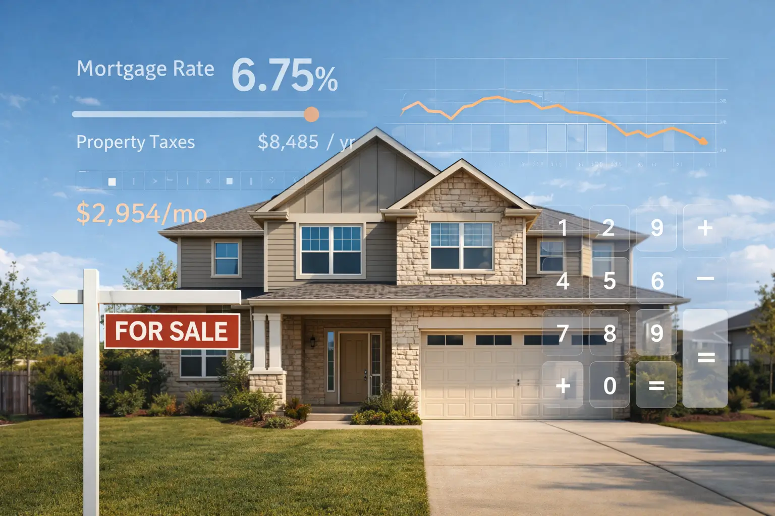 Modern Texas suburban home with a “For Sale” sign and transparent financial data overlays showing a 6.75% mortgage rate, property tax figures, and a slightly downward trending line graph against a clear blue sky.